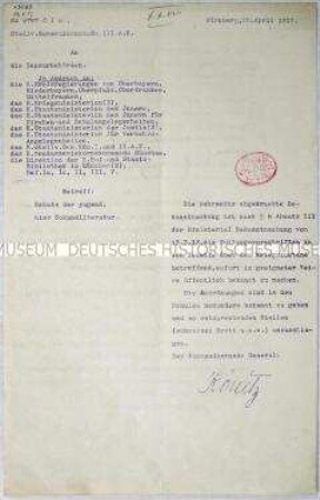 Rundschreiben des stellvertretenden Generalkommandos des III. Armeekorps mit einer Bekanntmachung des Verbotes der Verbreitung jugendgefährdender Schriften