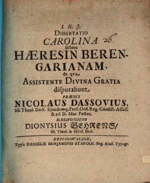 Diss. Carolina sistens haeresin Berengarianam