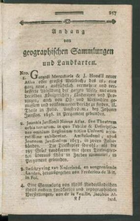 Anhang von geographischen Sammlungen und Landkarten