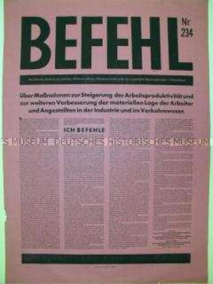 Maueranschlag mit Befehl der Sowjetischen Militärverwaltung in Deutschland über Maßnahmen zur Steigerung der Arbeitsproduktivität
