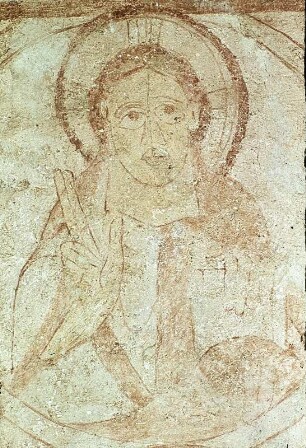 Wandbild: Szenen aus dem Leben Johannes des Täufers, in der Mitte Christus in Tondo