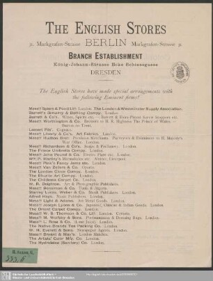 The English Stores have made special arrangements with the following eminent firms : [Werbanzeige]