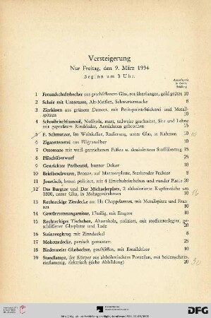 Versteigerung nur Freitag, den 9. März 1934. Beginn um 3 Uhr (Nr. 1-327)