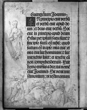 Gebetbuch Kaiser Maximilians I. — Maria mit dem Kinde, Johannes Evangelist (Beginn des Johannes-Evangeliums), Folio 17verso
