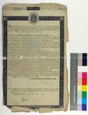 Obligation des Königreichs Westphalen über 100 Franken inkl. 5 Blatt Zinscoupons