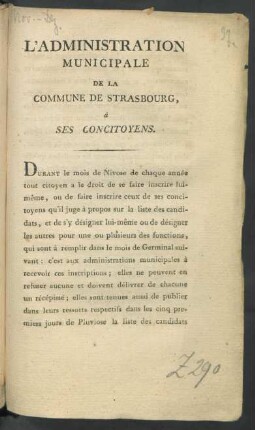 L' Administration Municipale De La Commune De Strasbourg, á Ses Concitoyens