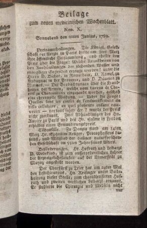Beilage zum neuen medicinischen Wochenblatt. Nro. X. Sonnabend den 20ten Junius, 1789.