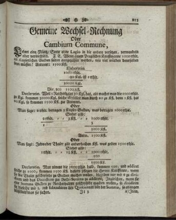 Gemeine Wechsel-Rechnung oder Cambium Commune.