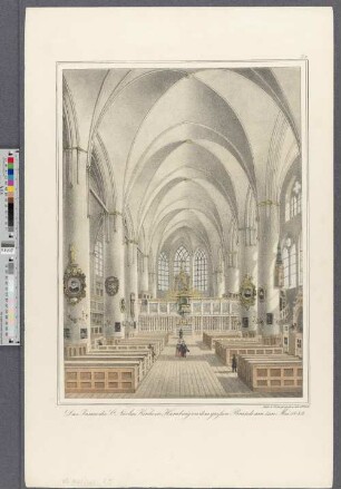 Das Innere der St. Nicolai-Kirche in Hamburg vor dem großen Brande am 5ten Mai 1842 (Hamburg's Vergangenheit in bildlichen Darstellungen ; II,9)