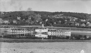 Dresden. Blick über die Elbe mit Personen-Seitenraddampfer "Dresden" (1926, Werft Laubegast) in Fahrt stromauf
