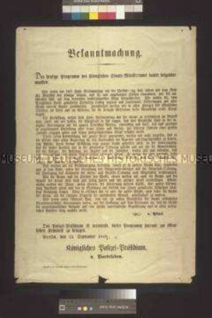 Maueranschlag: Bekanntmachung der Regierungsprogramms des Ministeriums Pfuel; Berlin, 22. September 1848