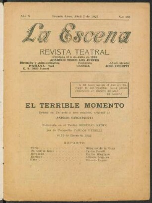El terrible momento : drama en un acto y tres cuadros, original