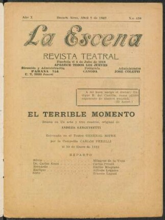 El terrible momento : drama en un acto y tres cuadros, original