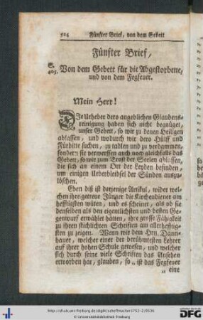 Fünfter Brief. Von dem Gebett für die Abgestorbene, und von dem Fegfeuer.