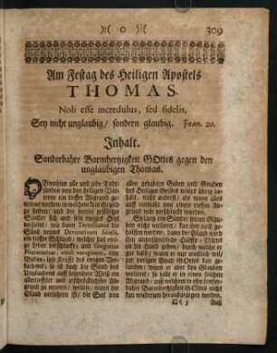 309-317, Am Festag des Heiligen Apostels THOMAS. Noli esse incredulus, sed fidelis.