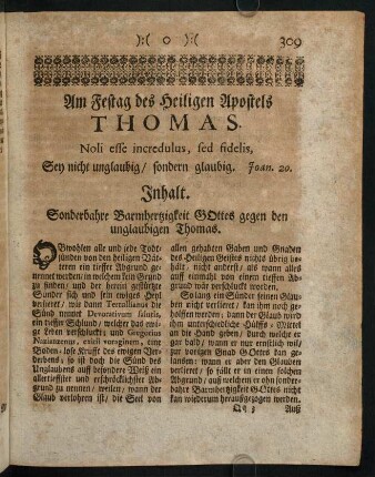 309-317, Am Festag des Heiligen Apostels THOMAS. Noli esse incredulus, sed fidelis.