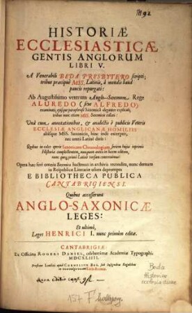 Historia ecclesiastica gentis Anglorum : Libri V.