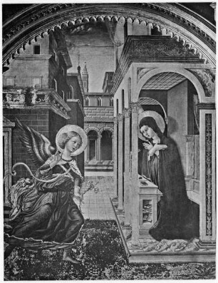 Zweiseitiges Altarretabel mit Madonna und Kind zwischen Heiligen auf der einen, Verkündigung auf der anderen Seite — Verkündigung