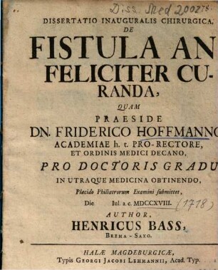 Dissertatio Inauguralis Chirurgica, De Fistula Ani Feliciter Curanda