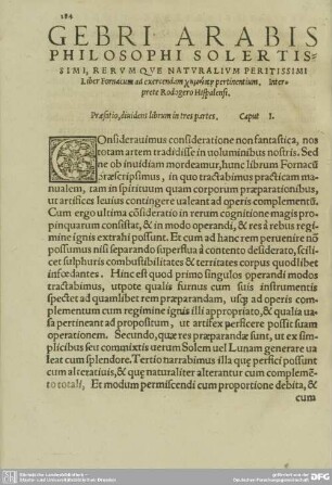 GEBRI ARABIS PHILOSOPHI SOLERTISSIMI, RERVM QVE NATVRALIVM PERITISSIMI Liber Fornacum