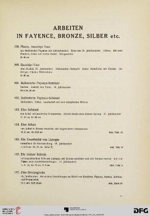 Arbeiten in Fayence, Bronze, Silber etc. (Nr. 159-169)