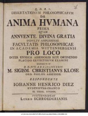 Dissertationvm Philosophicarvm De Anima Hvmana Prima