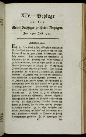 XIV. Beylage zu den Neuen Leipziger gelehrten Anzeigen. Zum 15ten Julii 1794.