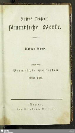 8: Vermischte Schriften : Erster Theil. Nebst dessen Leben