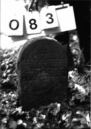Grabstein 83 (Index: 100101298) Material: Sandstein Zustand: stark verwittert mit Textverlust Maße HxBxT: 42x26x8 cm Beschreibung: Stele, Rundbogenabschluß Besonderheit: Kindergrab: Grabstein 83