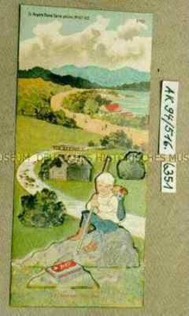 Sammel-Pappkarte mit gestanzten Teilen, Aufdruck "Zu Rüger's Hansi Serie gehören No. 427-432" (Abbildung des Hansi, Maskottchen der Firma Otto Rüger, auf Wanderschaft durch Landschaft)