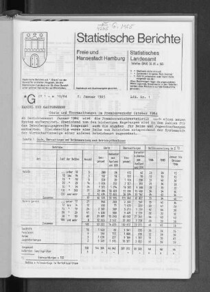Gäste und Übernachtungen im Fremdenverkehr Oktober 1984 : Lfd. Nr. 1