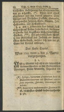 Das fünfte Capitel. Was 1743. vom 9. bis 31. Martii vorgegangen.