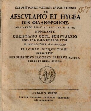 Expositionem veteris inscriptionis de Aesculapio et Hygea, diis philanthrōpois : ad illustr. Epist. ad Tit. cap. III u. IIII