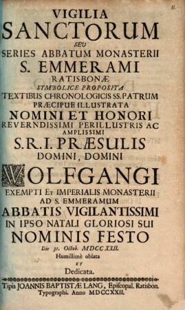 Vigilia Sanctorum sive series abbatum monasterii S. Emmerami Ratisbonae symbolice proposita