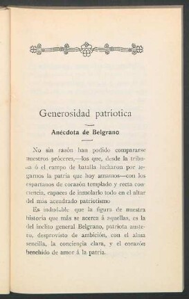 Generosidad patriótica : (Anécdota de Belgrano)