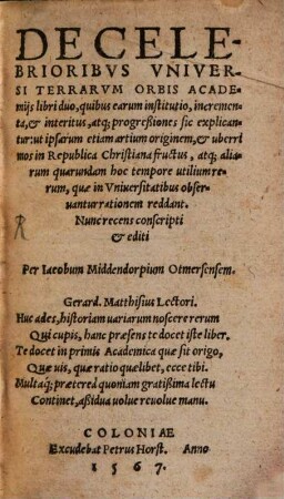 De celebrioribus universi terrarum orbis Academiis libri duo