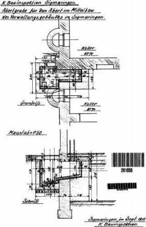 Sigmaringen: Empfangsgebäude Abortgrube im Mittelbau Detail (Grundriß,Schnitt)