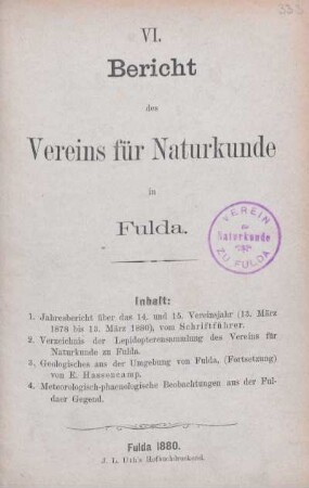 6.1878/80(1880): Bericht des Vereins für Naturkunde zu Fulda