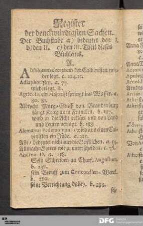 Register der denckwürdigsten Sachen.