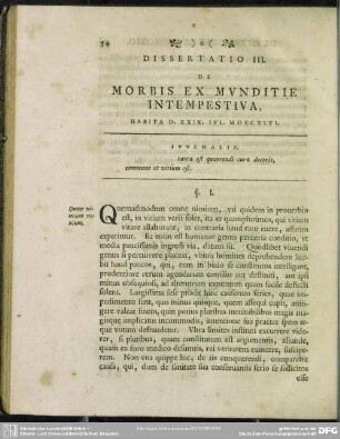 Dissertatio III. De Morbis Ex Munditie Intempestiva, Habita D. XXIX. Iul. MDCCXLVI.