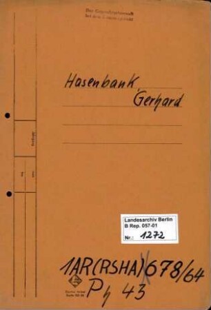 Personenheft Gerhard Hasenbank (*20.08.1898), Kriminalobersekretär