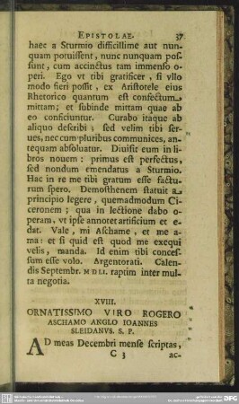 XVIII. Ornatissimo Viro Rogero Aschamo Anglo Ioannes Sleidanus. S. P.