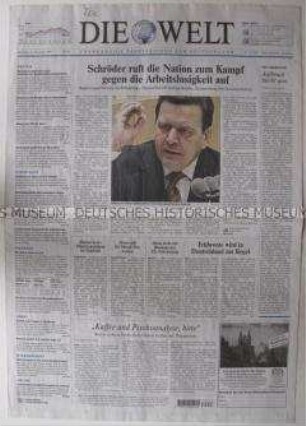 Tageszeitung "Die Welt" mit Leitartikel zur Regierungserklärung von Bundeskanzler Schröder