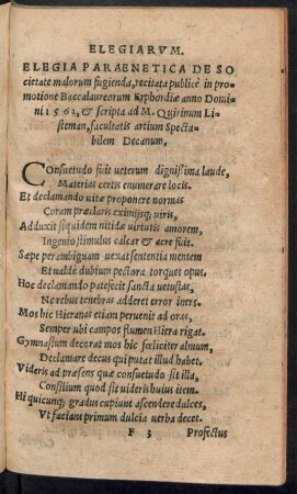 Elegia Paraenetica De Societate malorum fugienda ... ad M. Quirinum Listeman ...