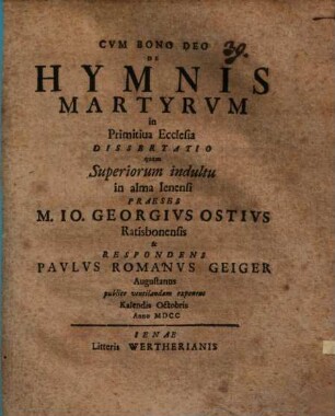De Hymnis Martyrum in Primitiva Ecclesia Dissertatio