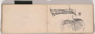 Pferdebeine, männlicher Kopf mit Mütze (links), leeres Blatt (rechts)