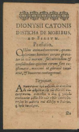 Dionysii Catonis Disticha De Moribus Ad Filium. Praefatio