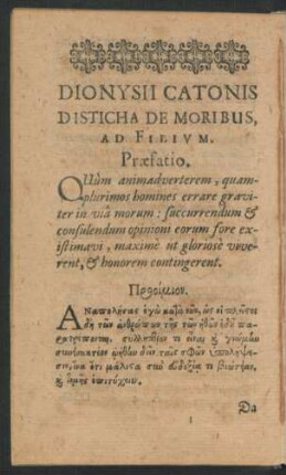 Dionysii Catonis Disticha De Moribus Ad Filium. Praefatio