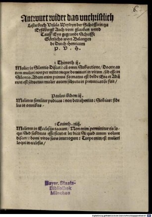 Antwurt wider das unchristlich Lesterbuch Ursula Weydyn