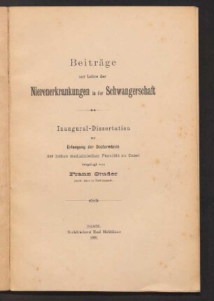 Beiträge zur Lehre der Nierenerkrankungen in der Schwangerschaft